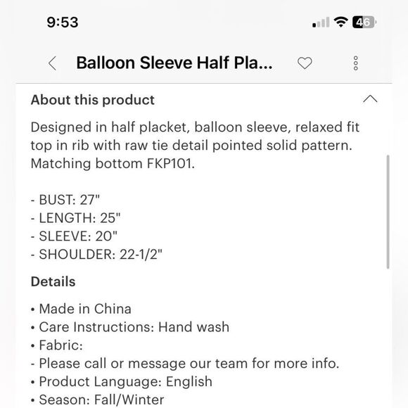 POL BALLOON SLEEVE HALF PLACKET RAW TIE DETAIL TOP - Picture 6 of 6